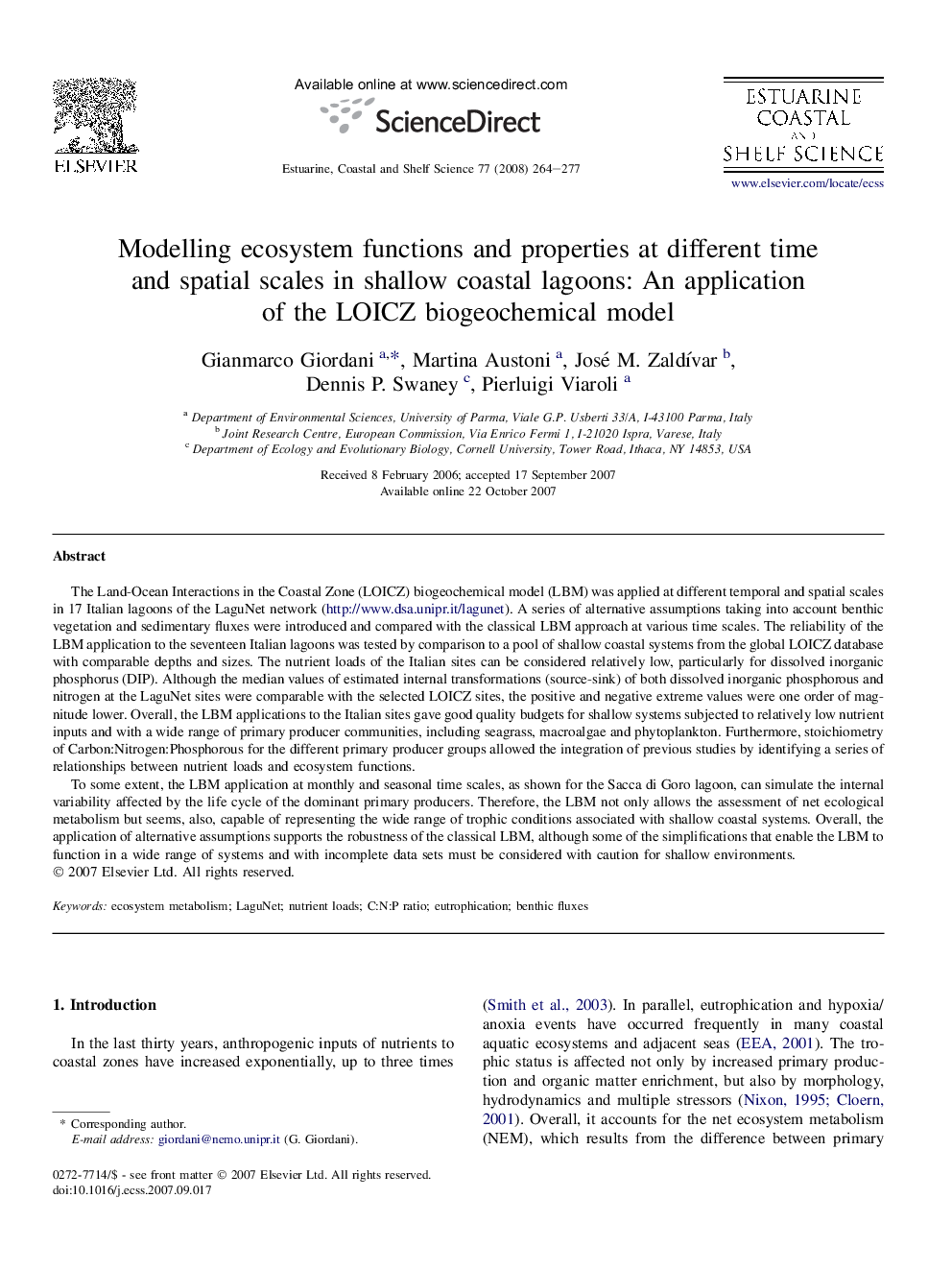 Modelling ecosystem functions and properties at different time and spatial scales in shallow coastal lagoons: An application of the LOICZ biogeochemical model