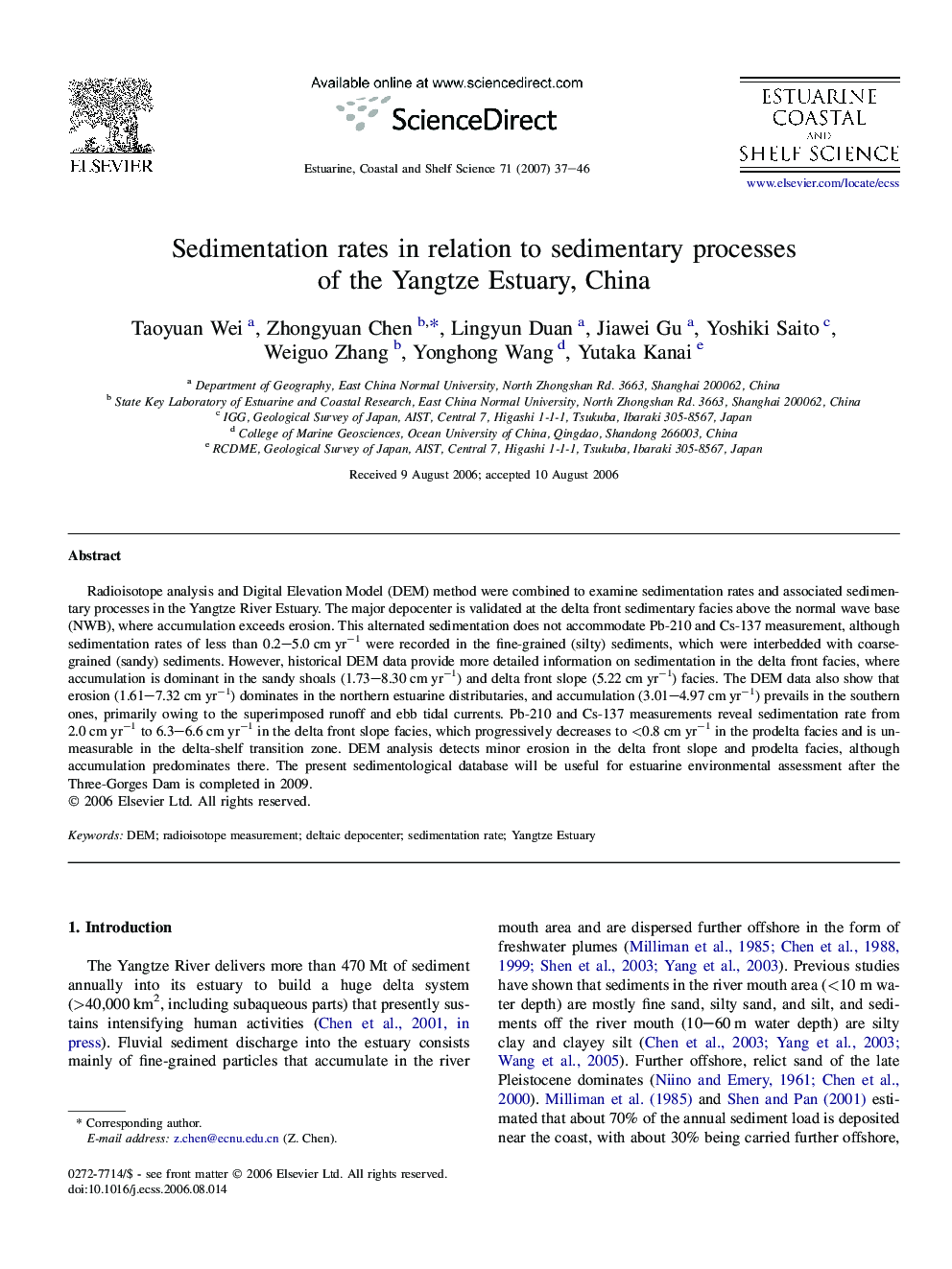 Sedimentation rates in relation to sedimentary processes of the Yangtze Estuary, China