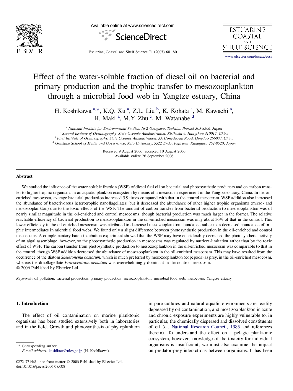 Effect of the water-soluble fraction of diesel oil on bacterial and primary production and the trophic transfer to mesozooplankton through a microbial food web in Yangtze estuary, China