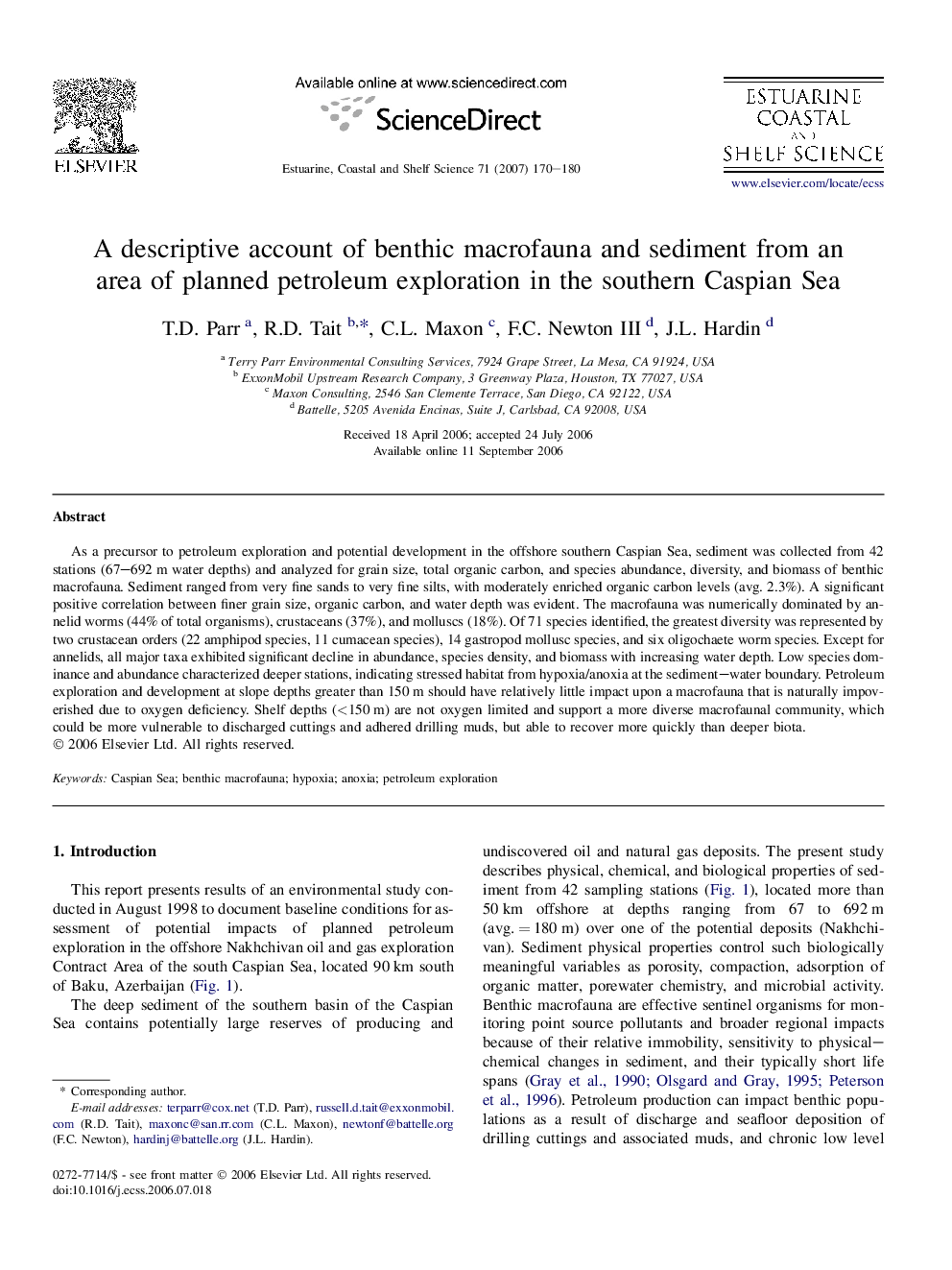 A descriptive account of benthic macrofauna and sediment from an area of planned petroleum exploration in the southern Caspian Sea