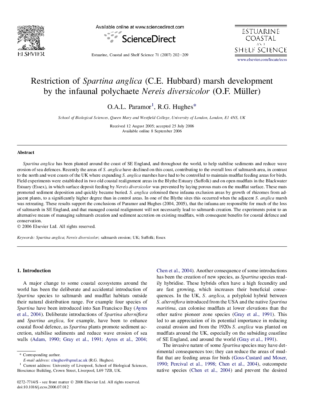 Restriction of Spartina anglica (C.E. Hubbard) marsh development by the infaunal polychaete Nereis diversicolor (O.F. Müller)