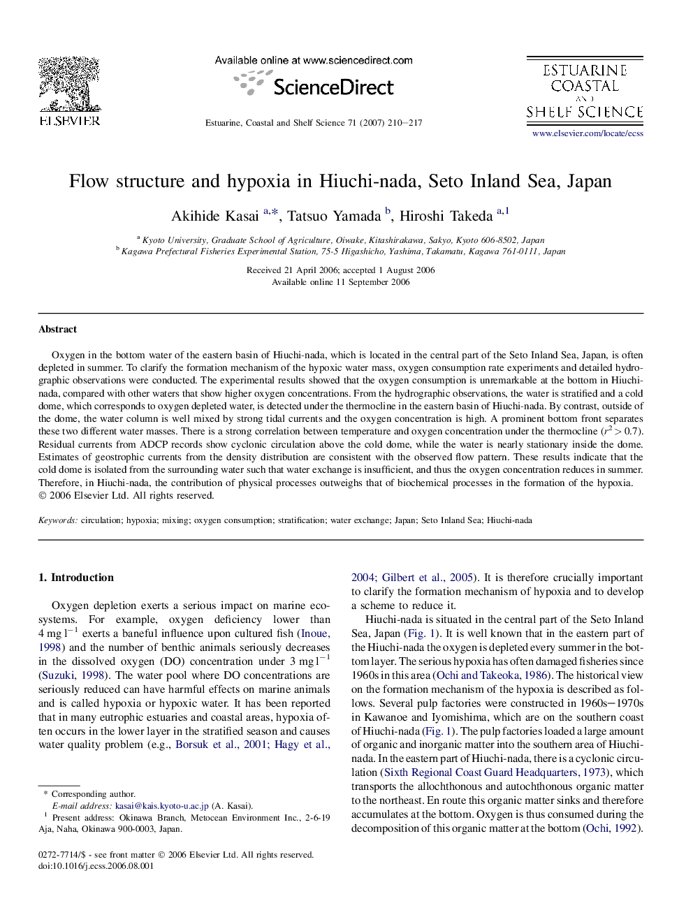 Flow structure and hypoxia in Hiuchi-nada, Seto Inland Sea, Japan