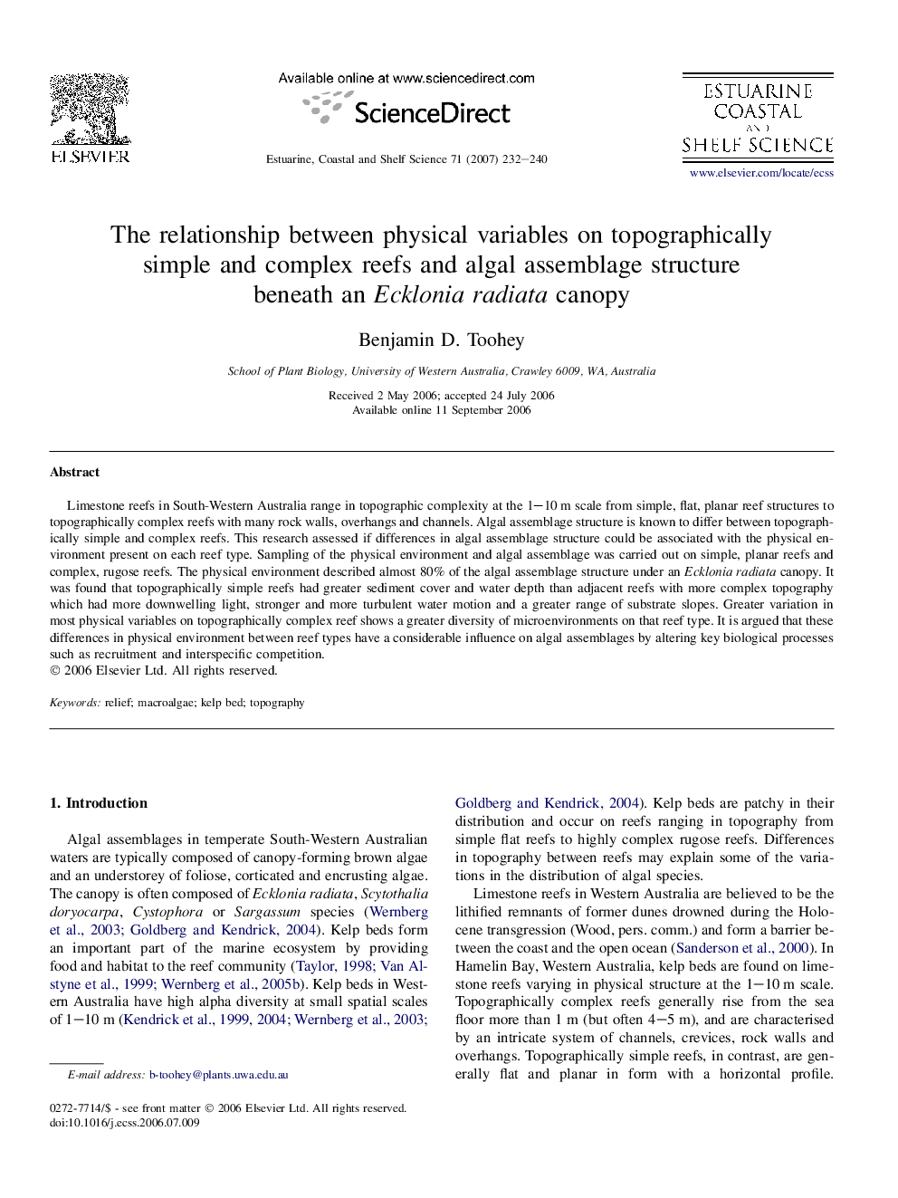 The relationship between physical variables on topographically simple and complex reefs and algal assemblage structure beneath an Ecklonia radiata canopy