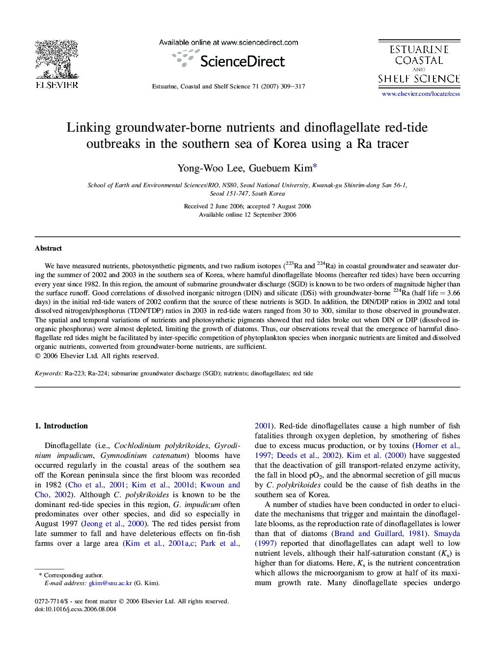 Linking groundwater-borne nutrients and dinoflagellate red-tide outbreaks in the southern sea of Korea using a Ra tracer