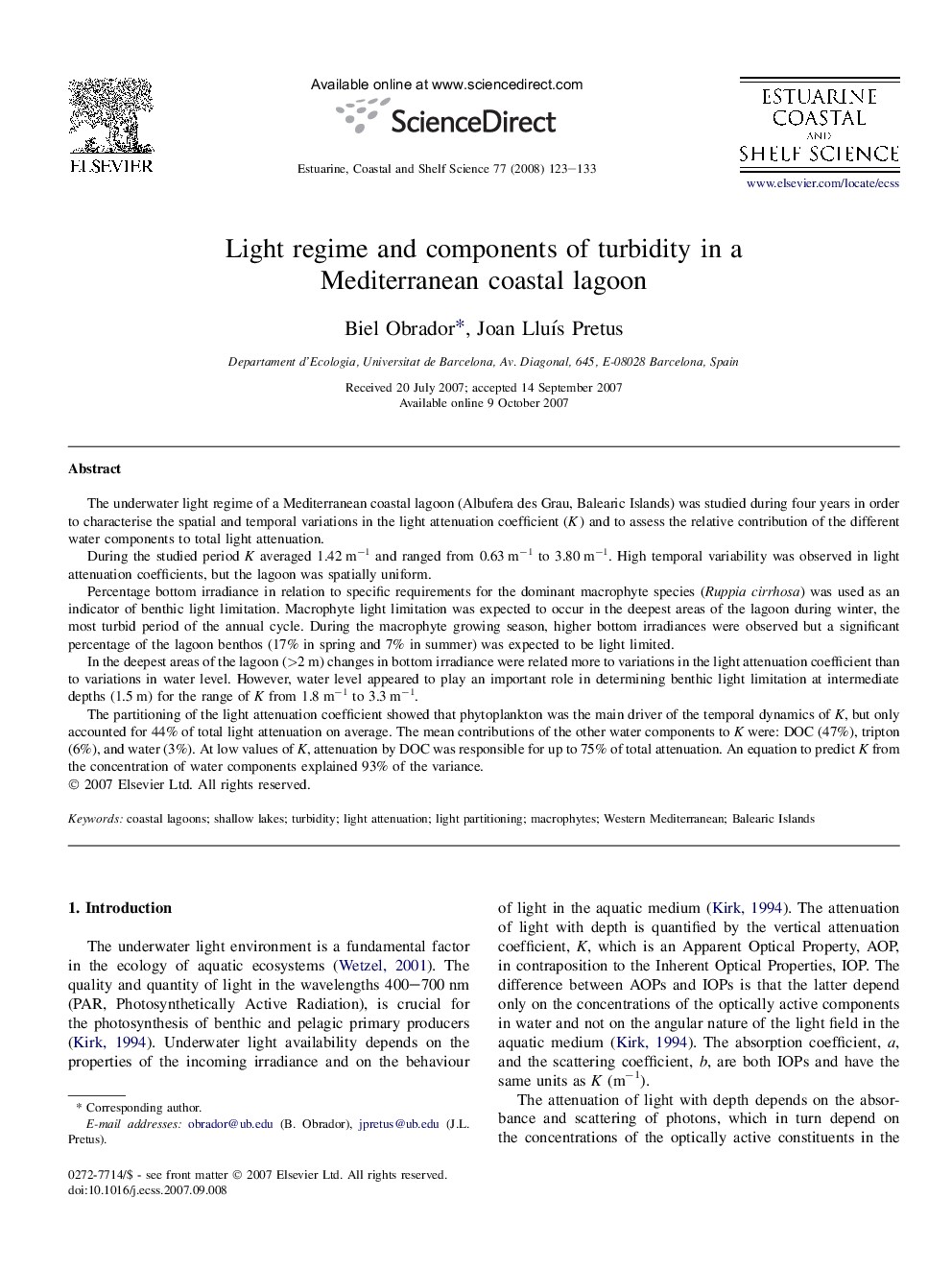 Light regime and components of turbidity in a Mediterranean coastal lagoon