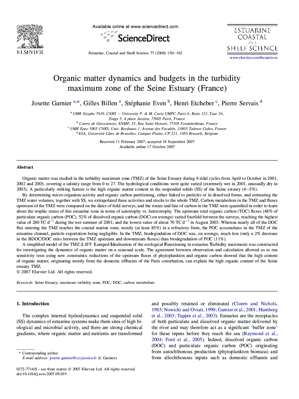 Organic matter dynamics and budgets in the turbidity maximum zone of the Seine Estuary (France)