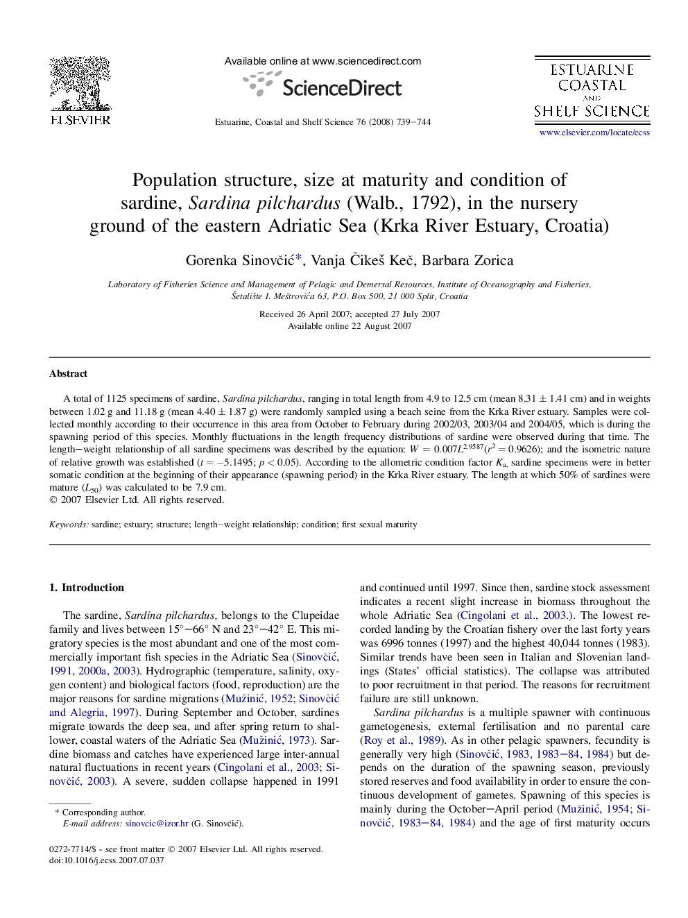 Population structure, size at maturity and condition of sardine, Sardina pilchardus (Walb., 1792), in the nursery ground of the eastern Adriatic Sea (Krka River Estuary, Croatia)