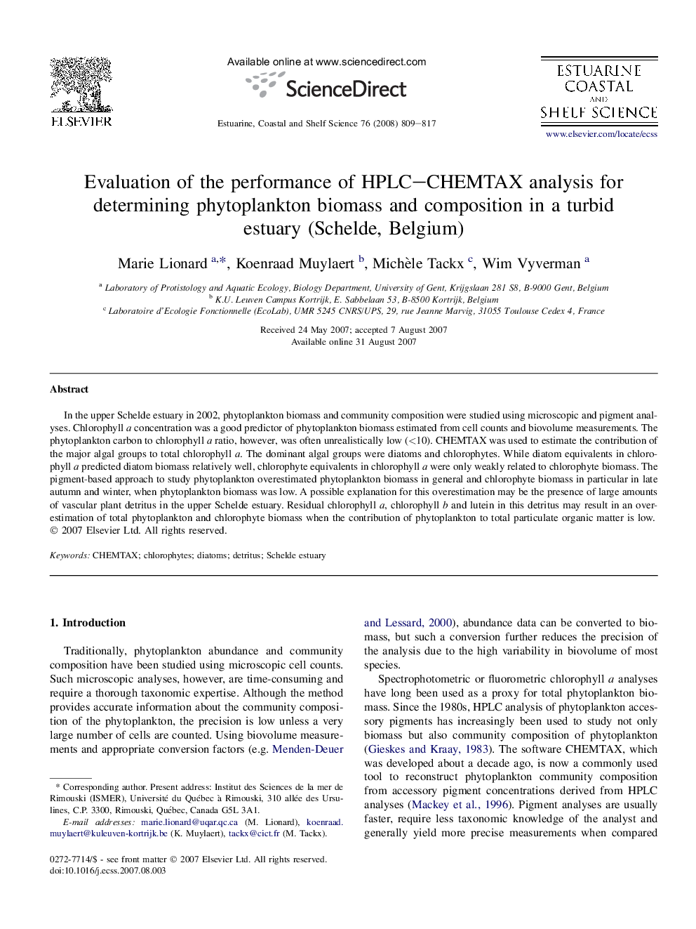 Evaluation of the performance of HPLC–CHEMTAX analysis for determining phytoplankton biomass and composition in a turbid estuary (Schelde, Belgium)