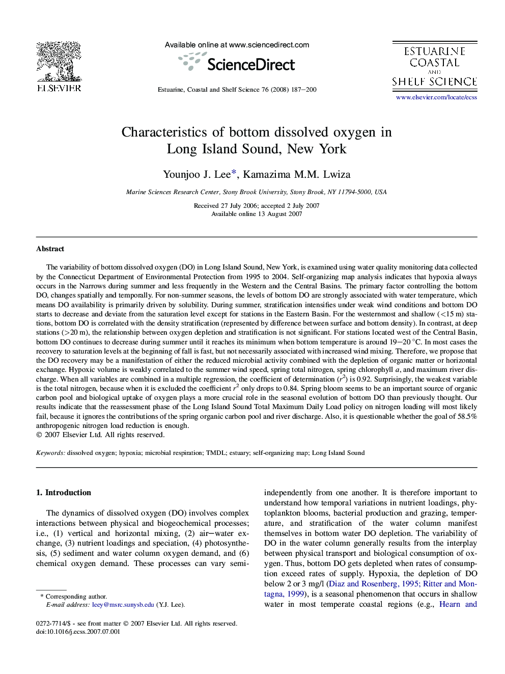 Characteristics of bottom dissolved oxygen in Long Island Sound, New York