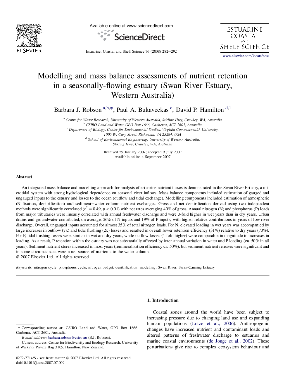 Modelling and mass balance assessments of nutrient retention in a seasonally-flowing estuary (Swan River Estuary, Western Australia)