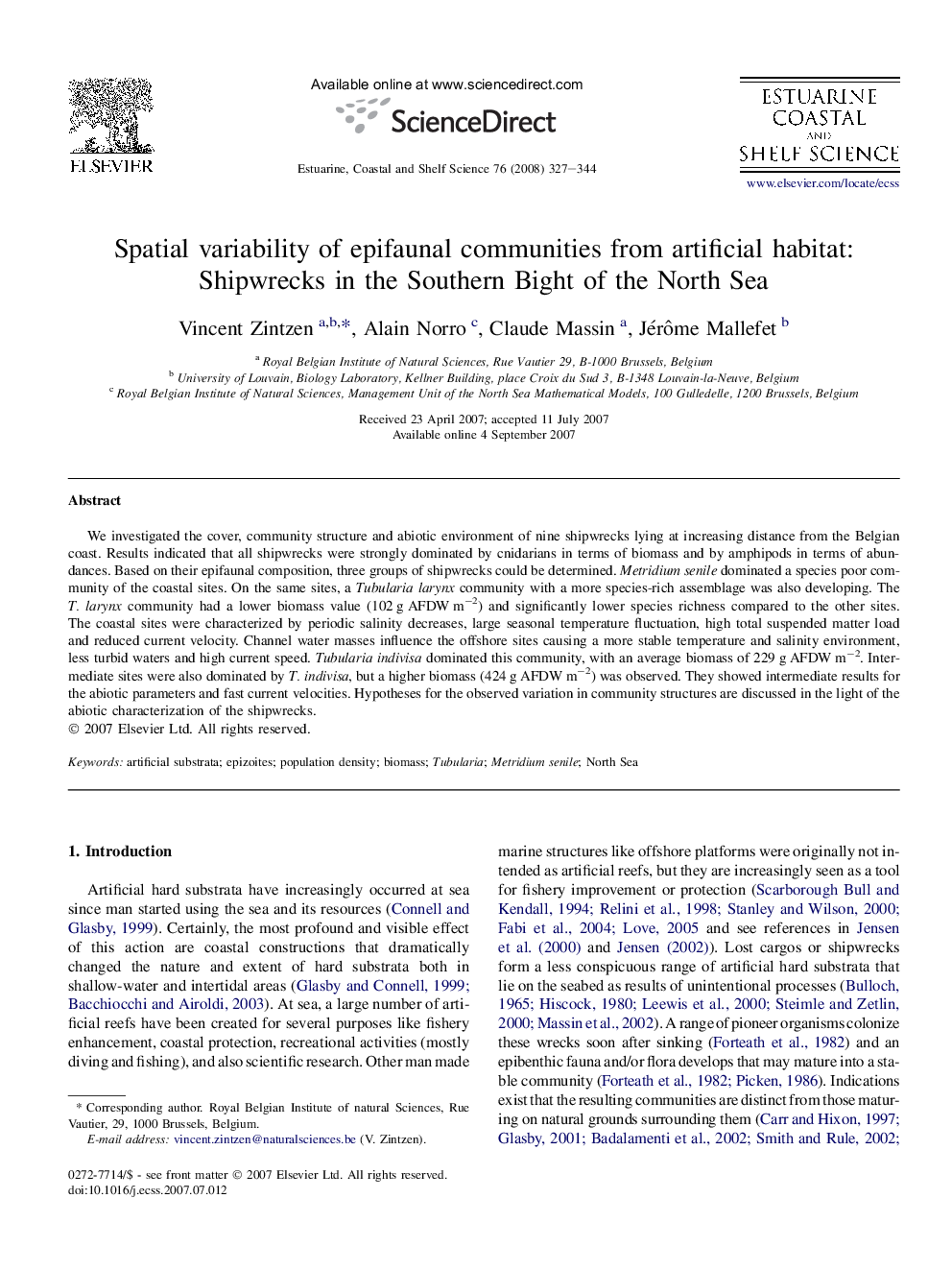 Spatial variability of epifaunal communities from artificial habitat: Shipwrecks in the Southern Bight of the North Sea