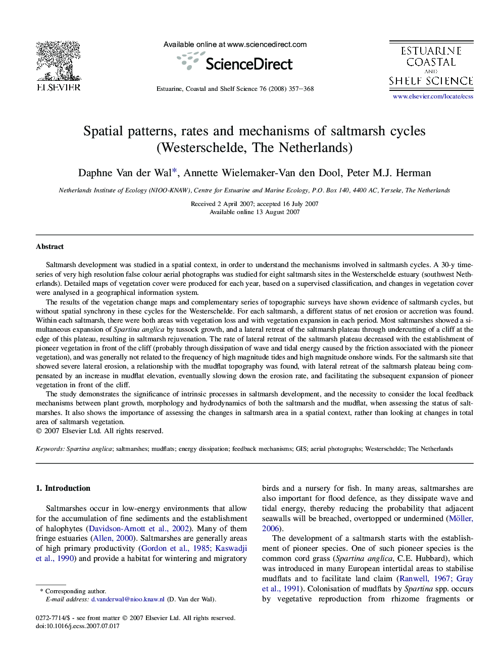 Spatial patterns, rates and mechanisms of saltmarsh cycles (Westerschelde, The Netherlands)