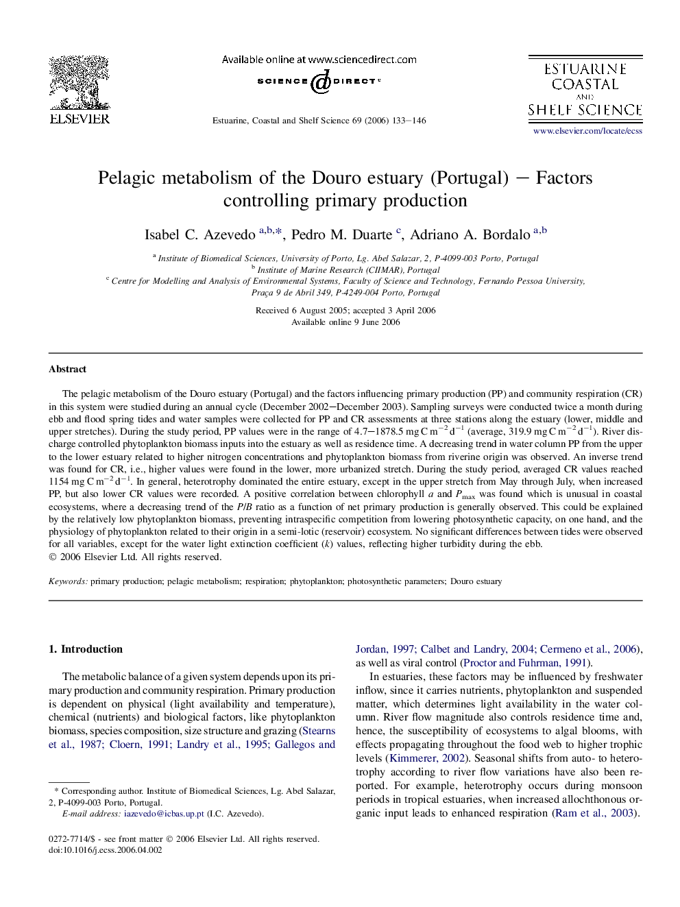 Pelagic metabolism of the Douro estuary (Portugal) – Factors controlling primary production