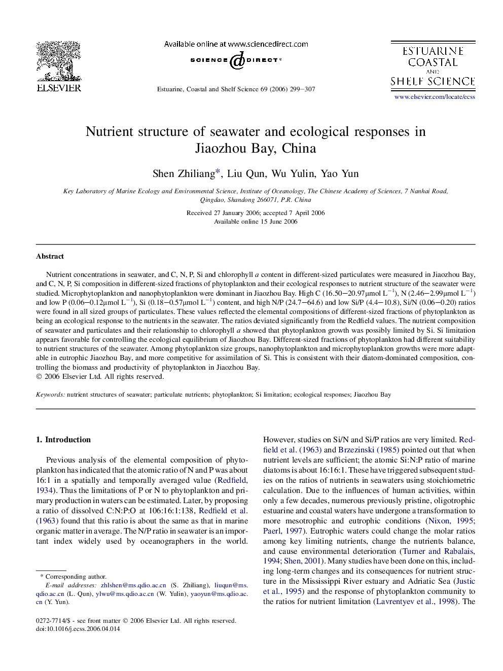 Nutrient structure of seawater and ecological responses in Jiaozhou Bay, China