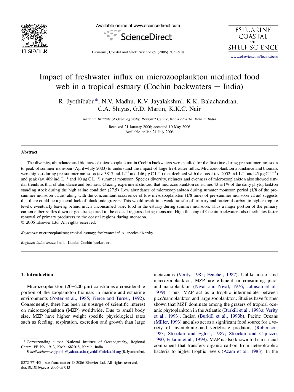 Impact of freshwater influx on microzooplankton mediated food web in a tropical estuary (Cochin backwaters – India)