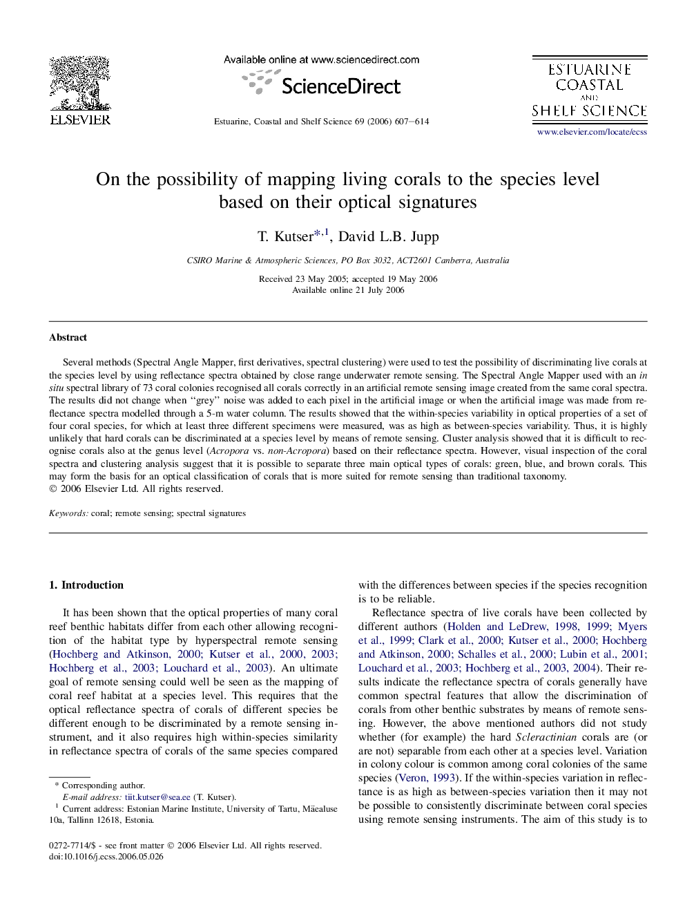 On the possibility of mapping living corals to the species level based on their optical signatures