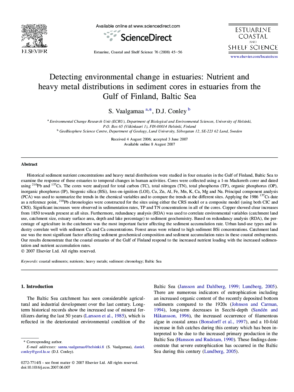Detecting environmental change in estuaries: Nutrient and heavy metal distributions in sediment cores in estuaries from the Gulf of Finland, Baltic Sea