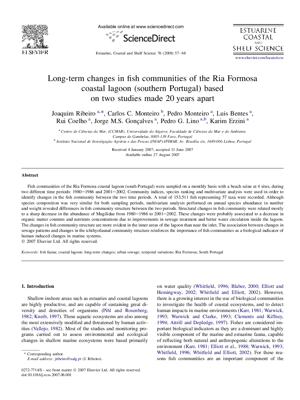 Long-term changes in fish communities of the Ria Formosa coastal lagoon (southern Portugal) based on two studies made 20 years apart