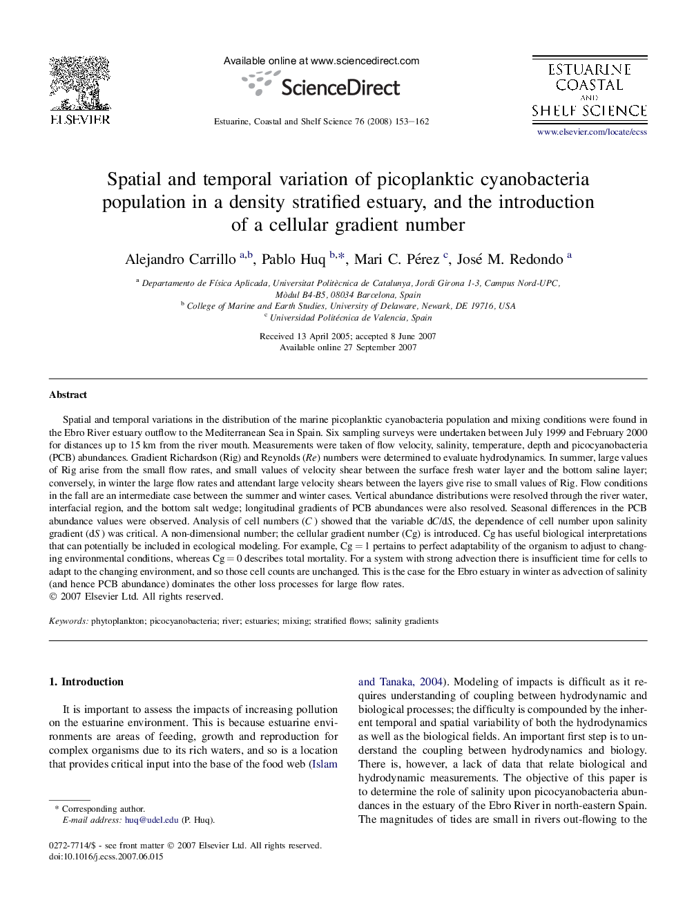 Spatial and temporal variation of picoplanktic cyanobacteria population in a density stratified estuary, and the introduction of a cellular gradient number