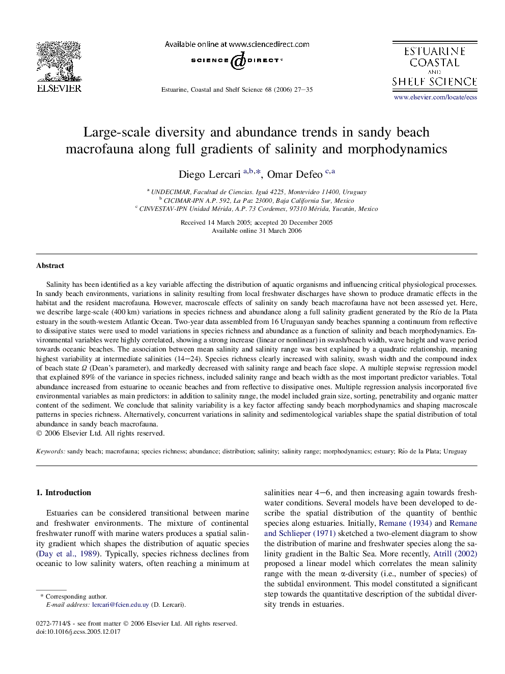 Large-scale diversity and abundance trends in sandy beach macrofauna along full gradients of salinity and morphodynamics