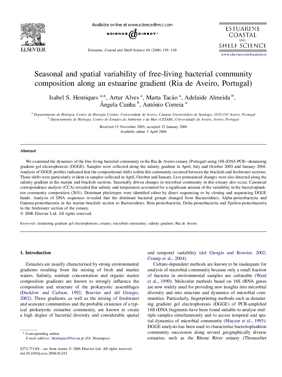 Seasonal and spatial variability of free-living bacterial community composition along an estuarine gradient (Ria de Aveiro, Portugal)