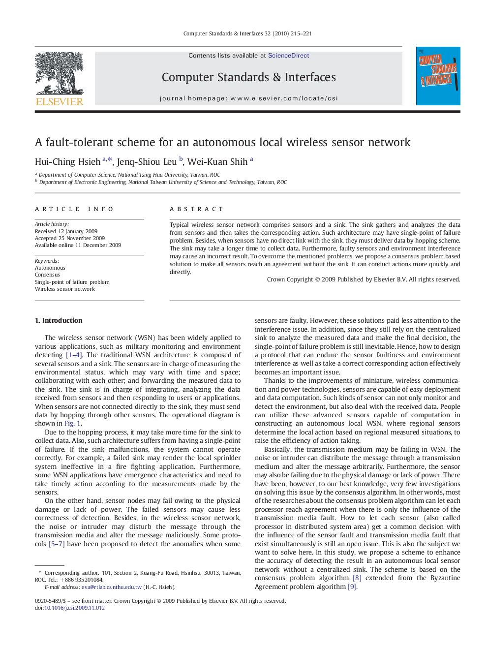 A fault-tolerant scheme for an autonomous local wireless sensor network