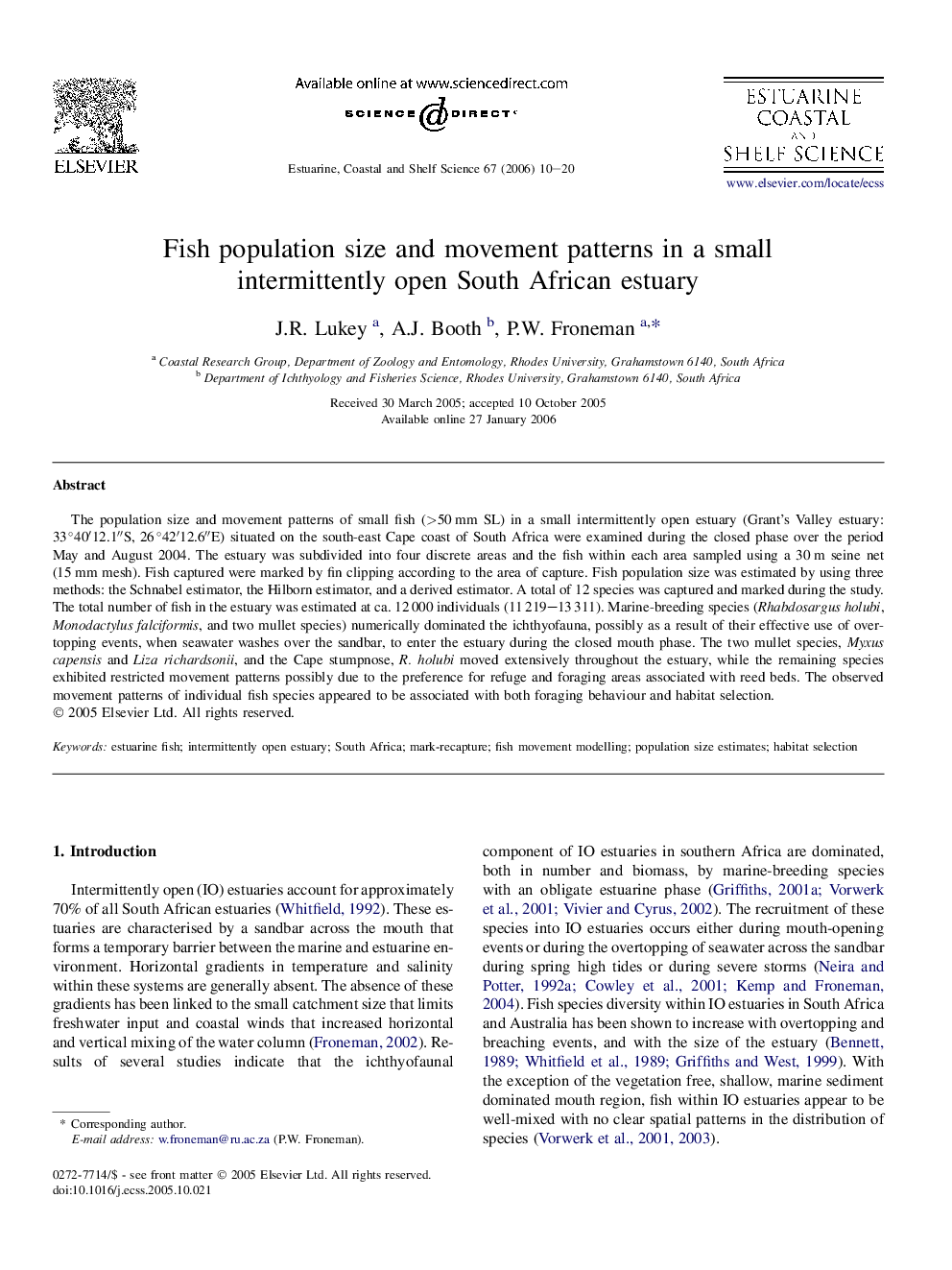 Fish population size and movement patterns in a small intermittently open South African estuary