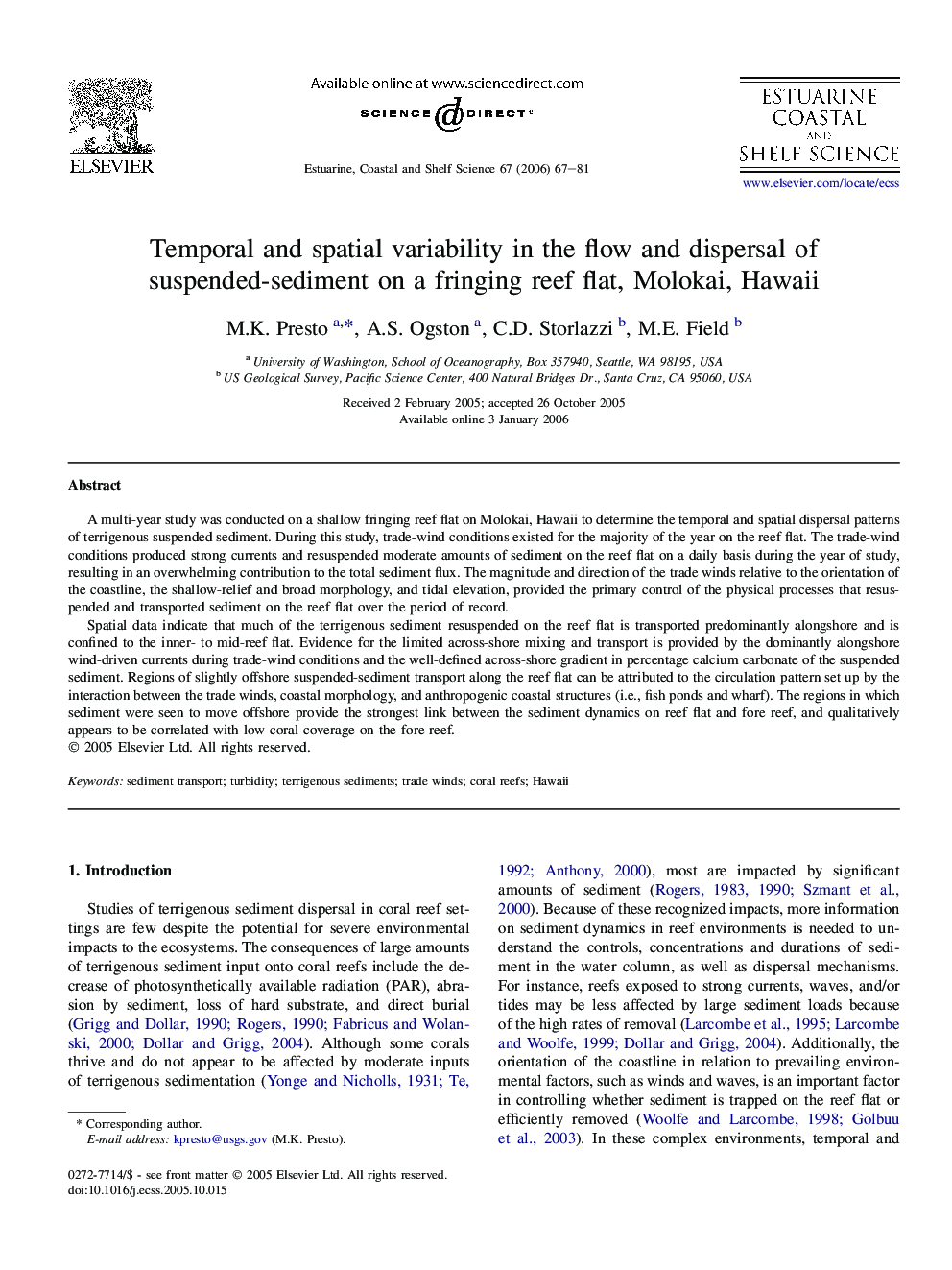 Temporal and spatial variability in the flow and dispersal of suspended-sediment on a fringing reef flat, Molokai, Hawaii