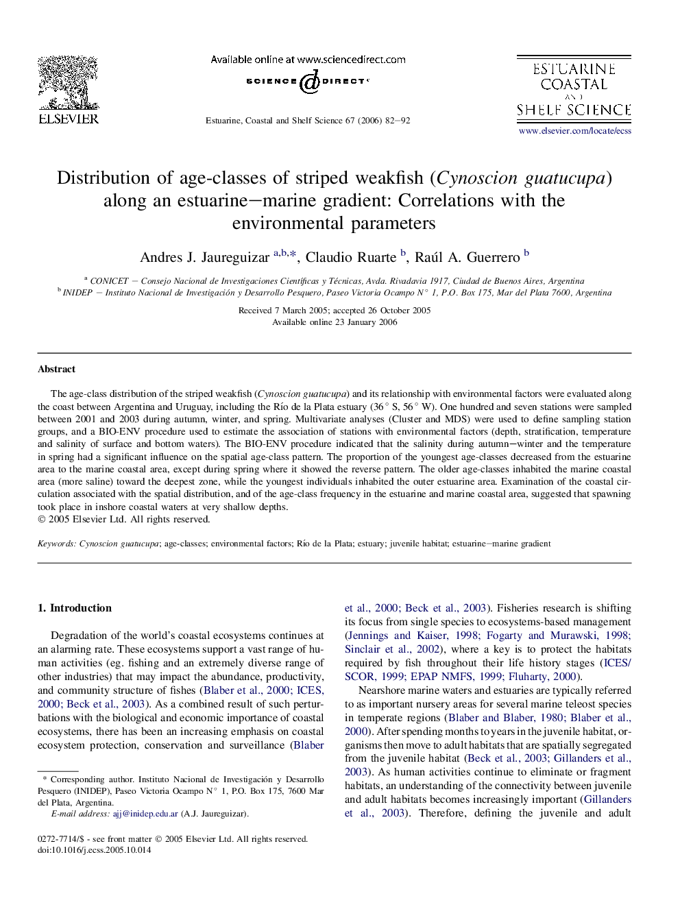 Distribution of age-classes of striped weakfish (Cynoscion guatucupa) along an estuarine–marine gradient: Correlations with the environmental parameters