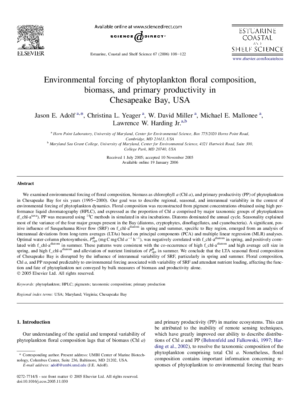 Environmental forcing of phytoplankton floral composition, biomass, and primary productivity in Chesapeake Bay, USA