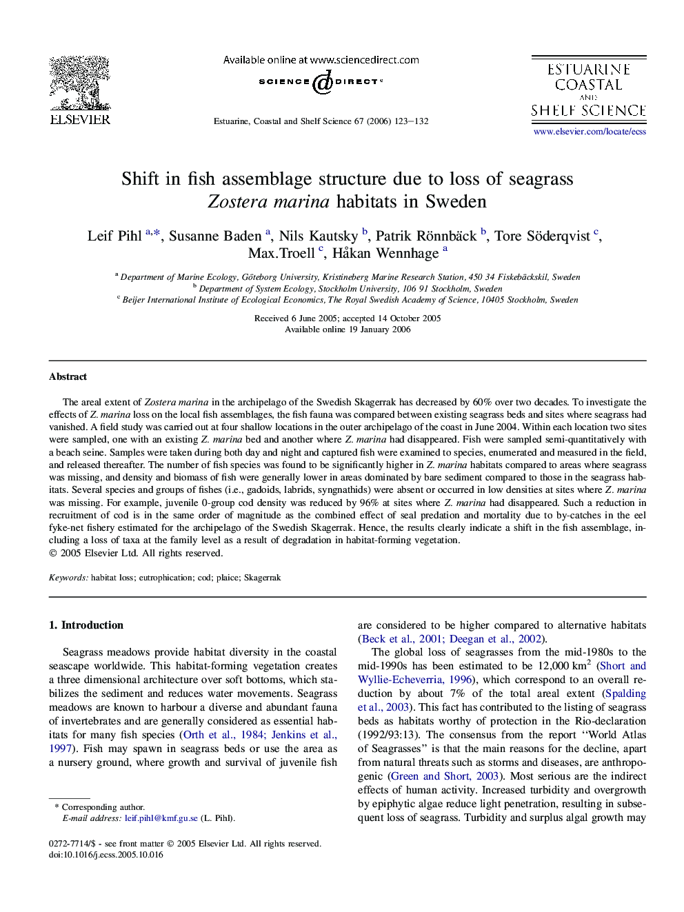 Shift in fish assemblage structure due to loss of seagrass Zostera marina habitats in Sweden