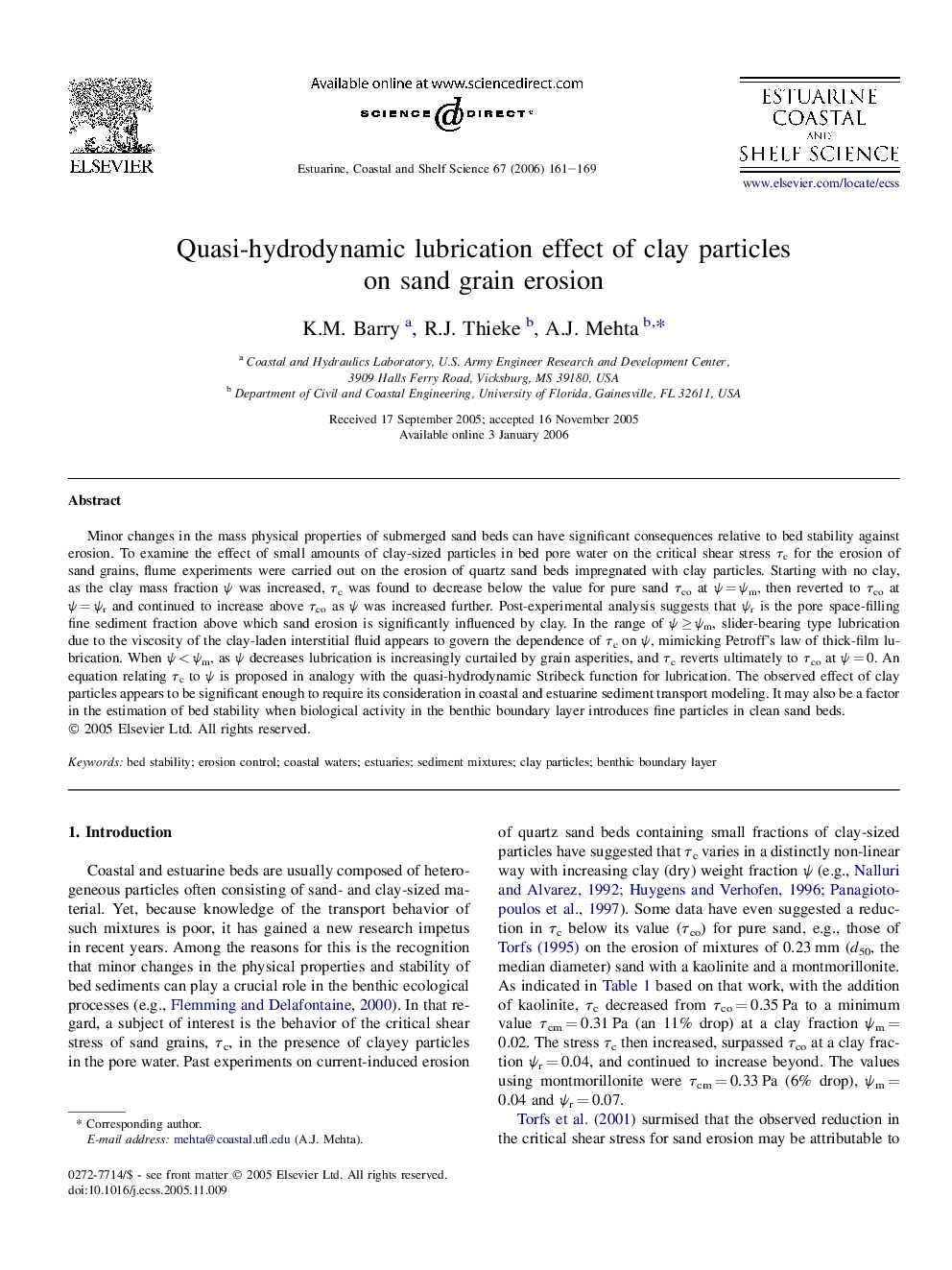 Quasi-hydrodynamic lubrication effect of clay particles on sand grain erosion