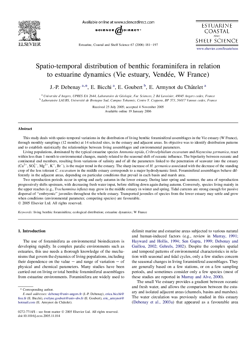 Spatio-temporal distribution of benthic foraminifera in relation to estuarine dynamics (Vie estuary, Vendée, W France)