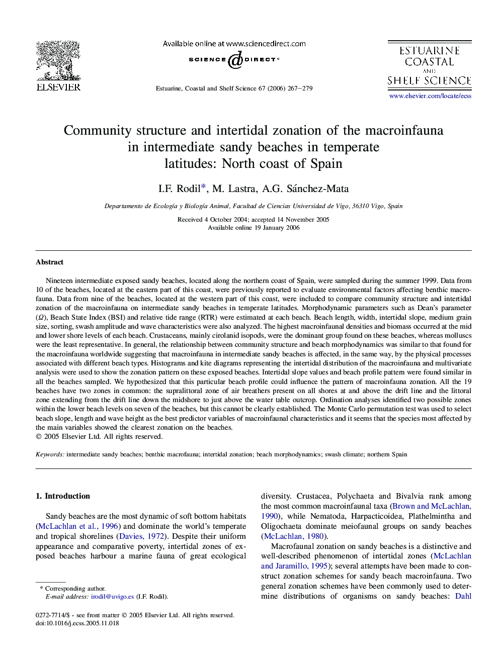 Community structure and intertidal zonation of the macroinfauna in intermediate sandy beaches in temperate latitudes: North coast of Spain