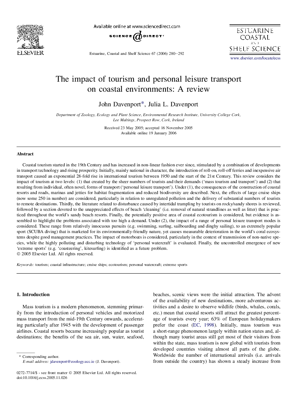 The impact of tourism and personal leisure transport on coastal environments: A review