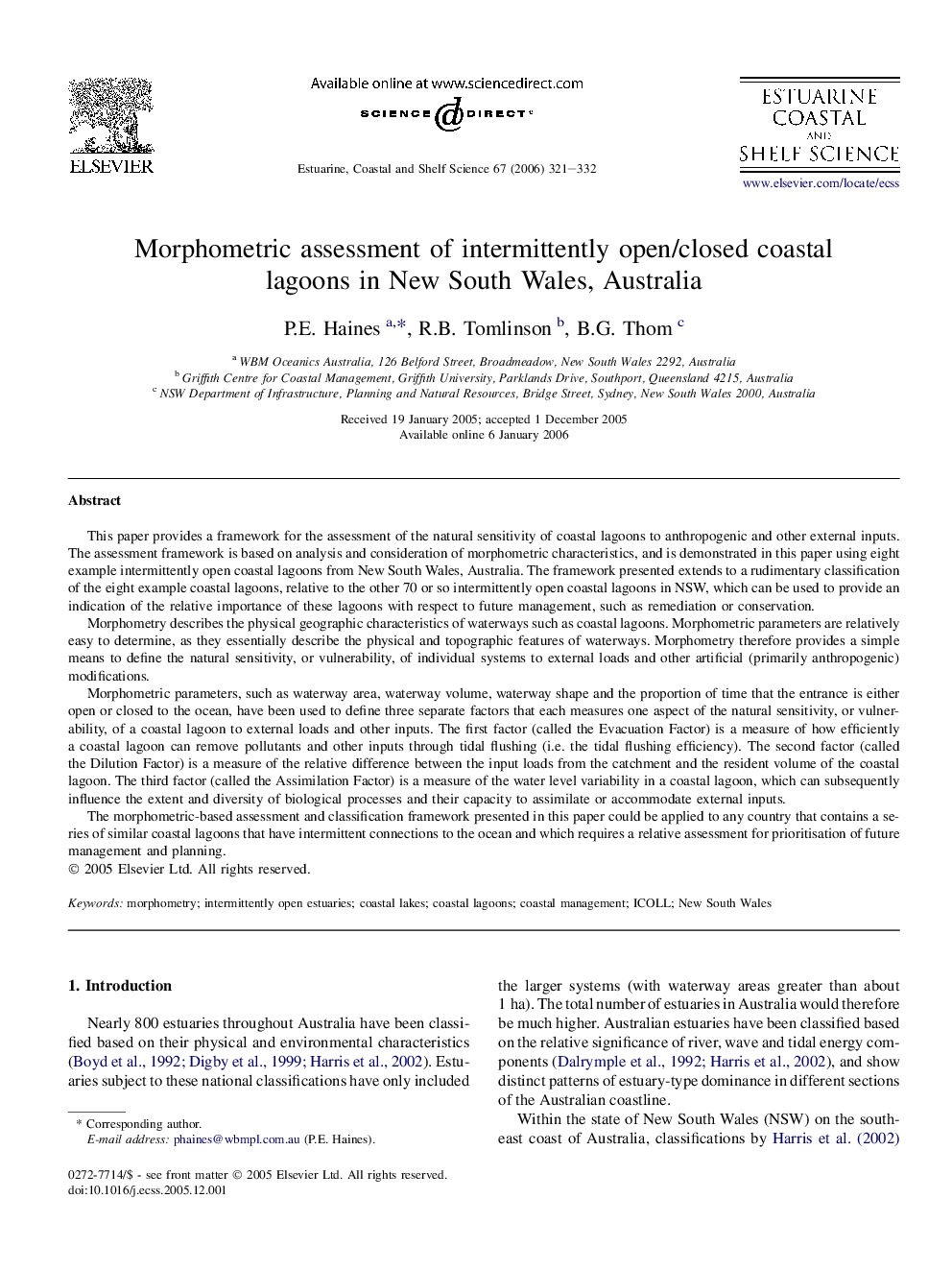 Morphometric assessment of intermittently open/closed coastal lagoons in New South Wales, Australia