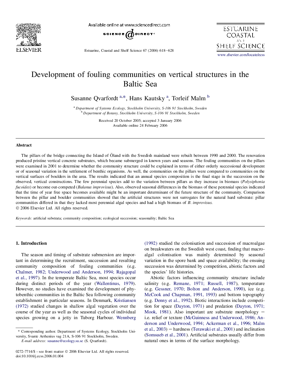 Development of fouling communities on vertical structures in the Baltic Sea