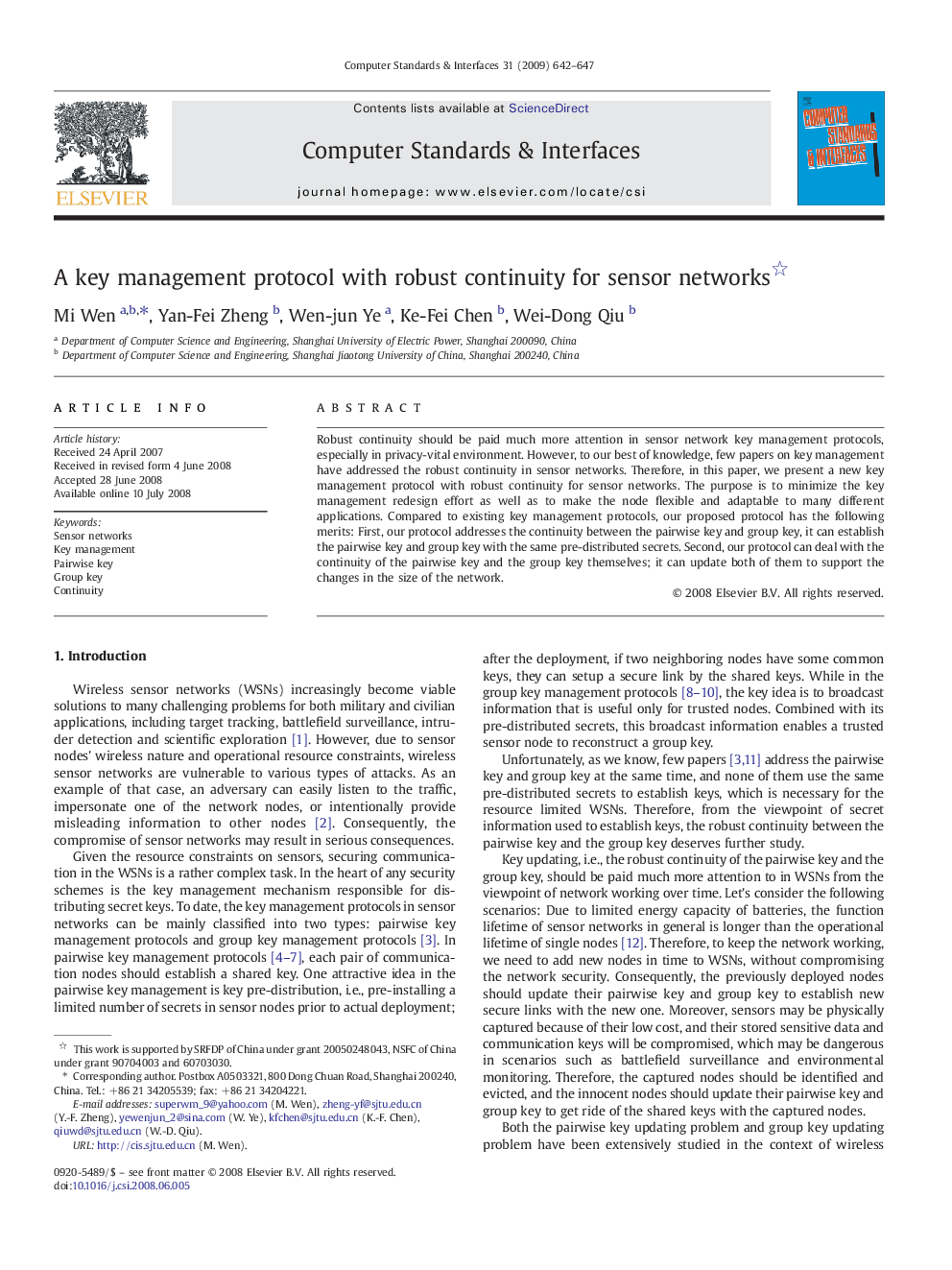 A key management protocol with robust continuity for sensor networks 