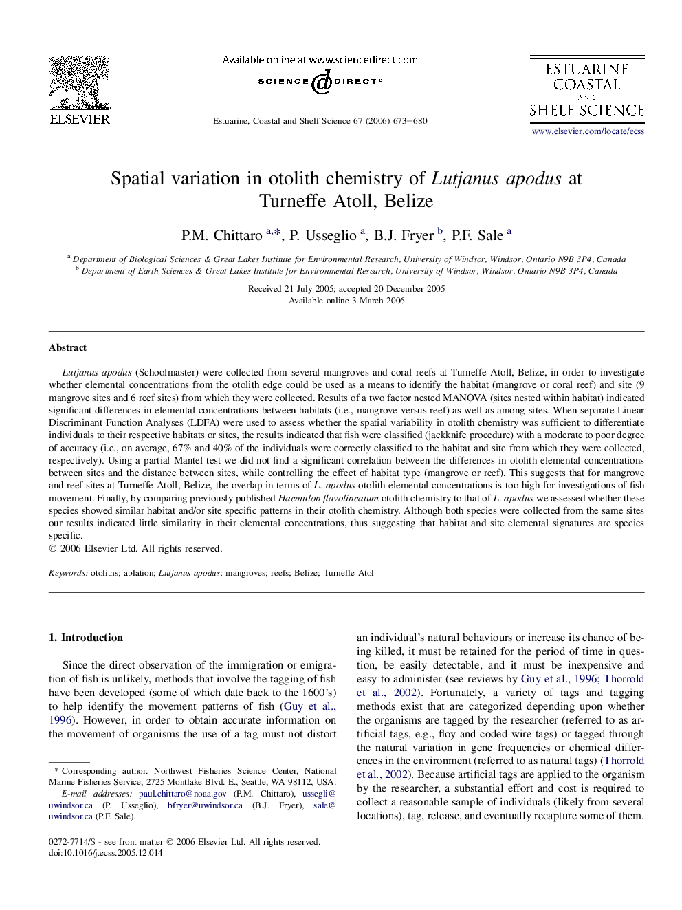 Spatial variation in otolith chemistry of Lutjanus apodus at Turneffe Atoll, Belize