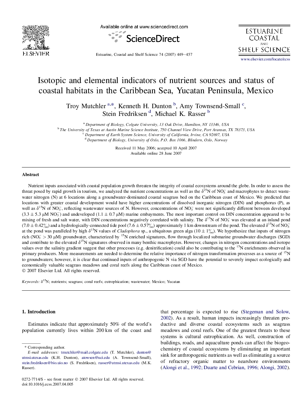 Isotopic and elemental indicators of nutrient sources and status of coastal habitats in the Caribbean Sea, Yucatan Peninsula, Mexico