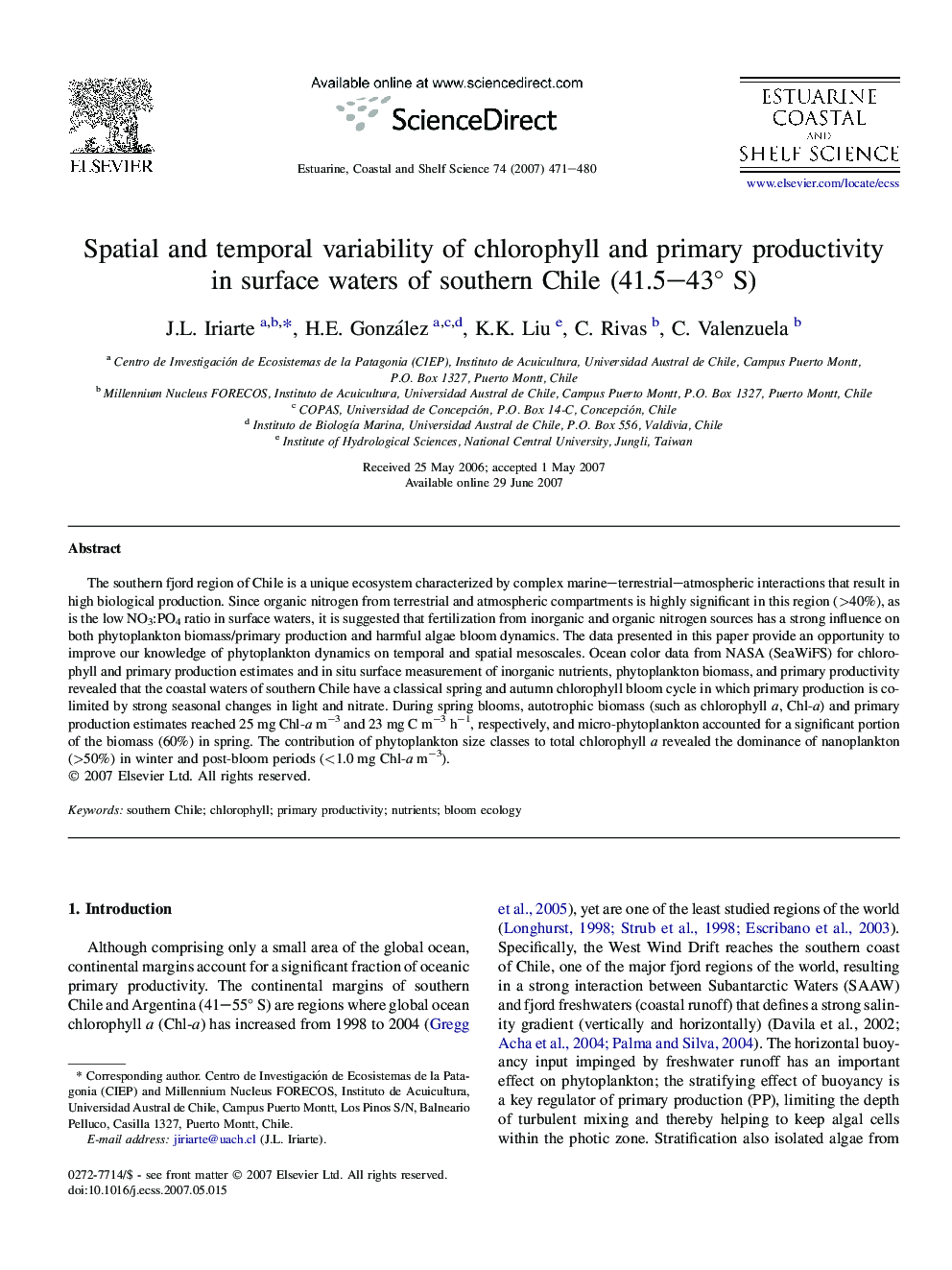 Spatial and temporal variability of chlorophyll and primary productivity in surface waters of southern Chile (41.5–43° S)