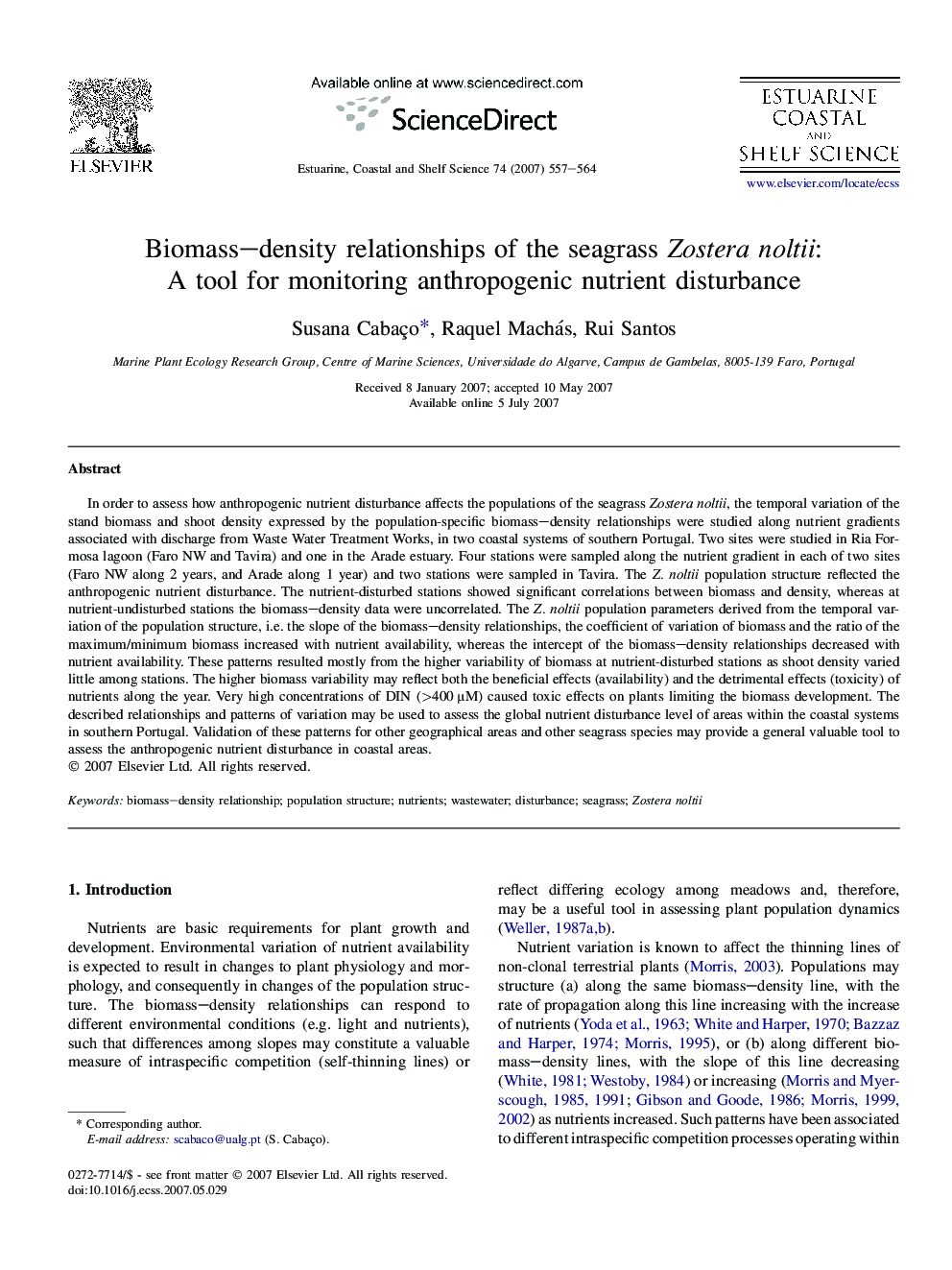 Biomass–density relationships of the seagrass Zostera noltii: A tool for monitoring anthropogenic nutrient disturbance