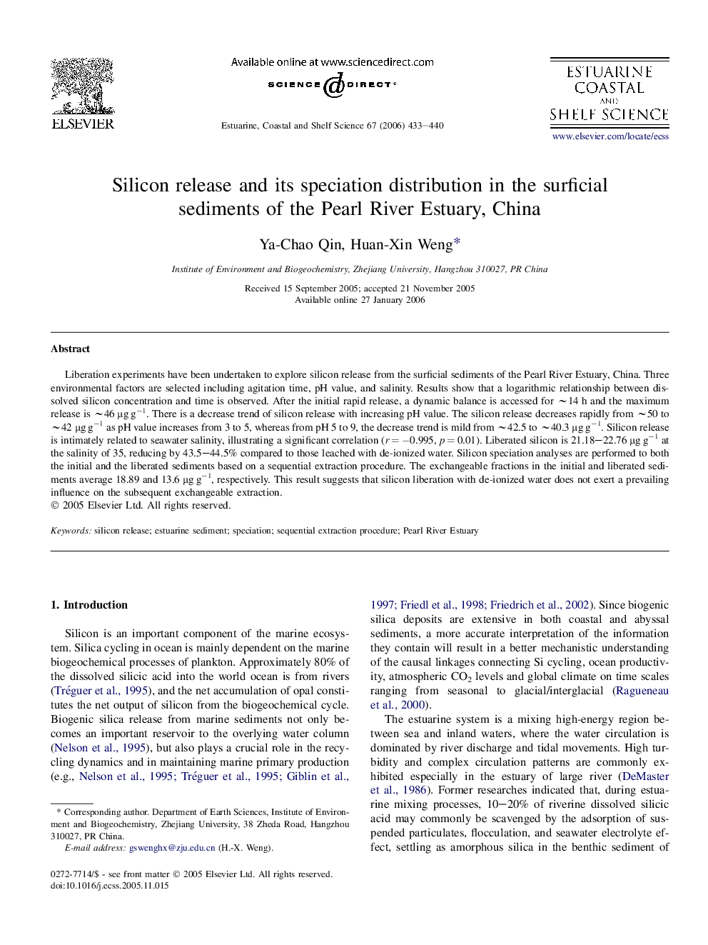 Silicon release and its speciation distribution in the surficial sediments of the Pearl River Estuary, China