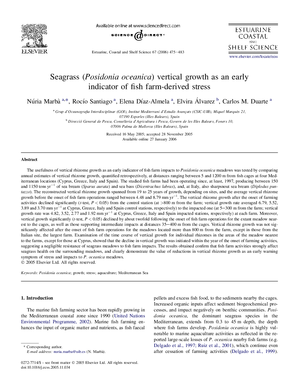 Seagrass (Posidonia oceanica) vertical growth as an early indicator of fish farm-derived stress