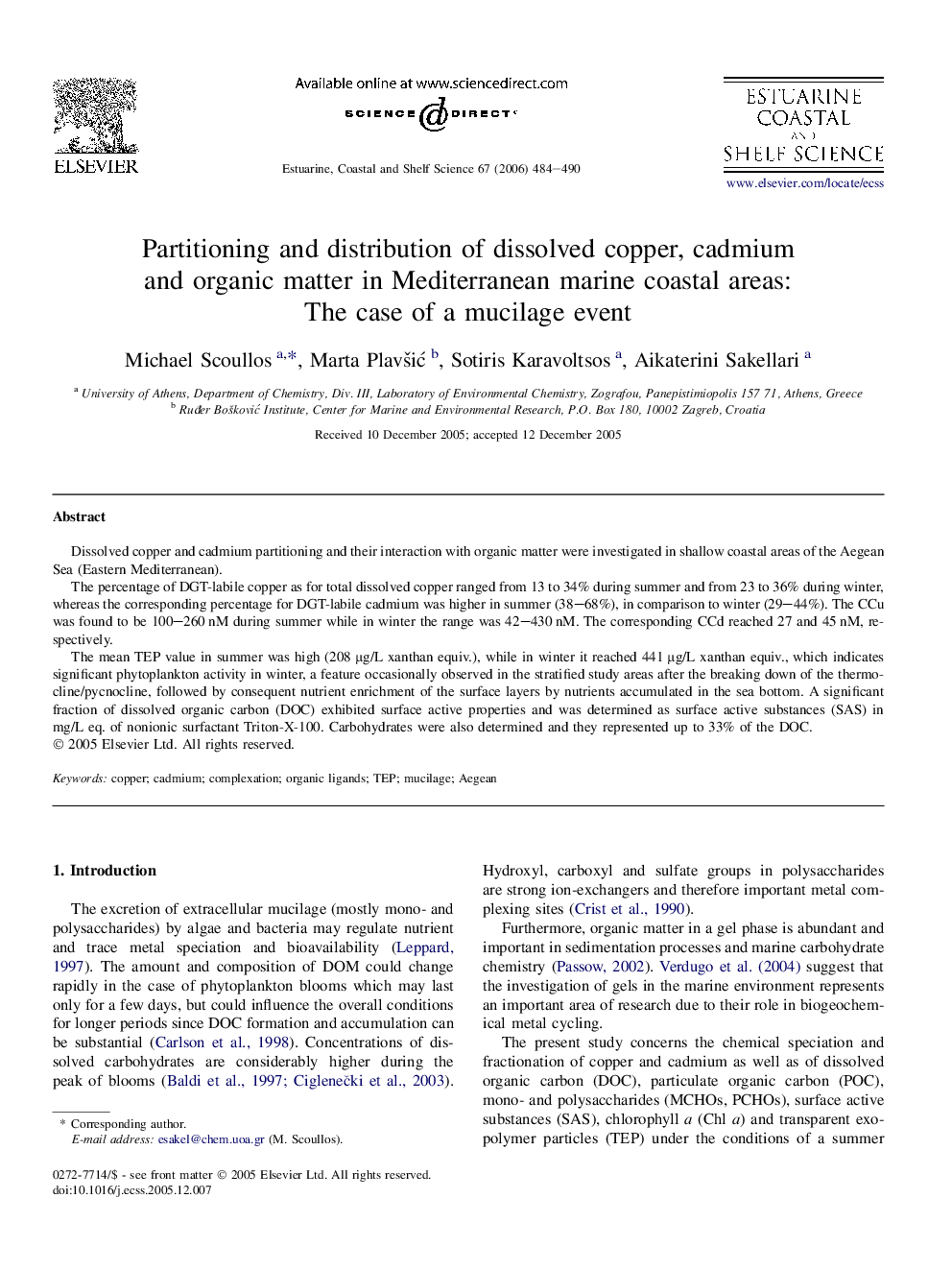 Partitioning and distribution of dissolved copper, cadmium and organic matter in Mediterranean marine coastal areas: The case of a mucilage event