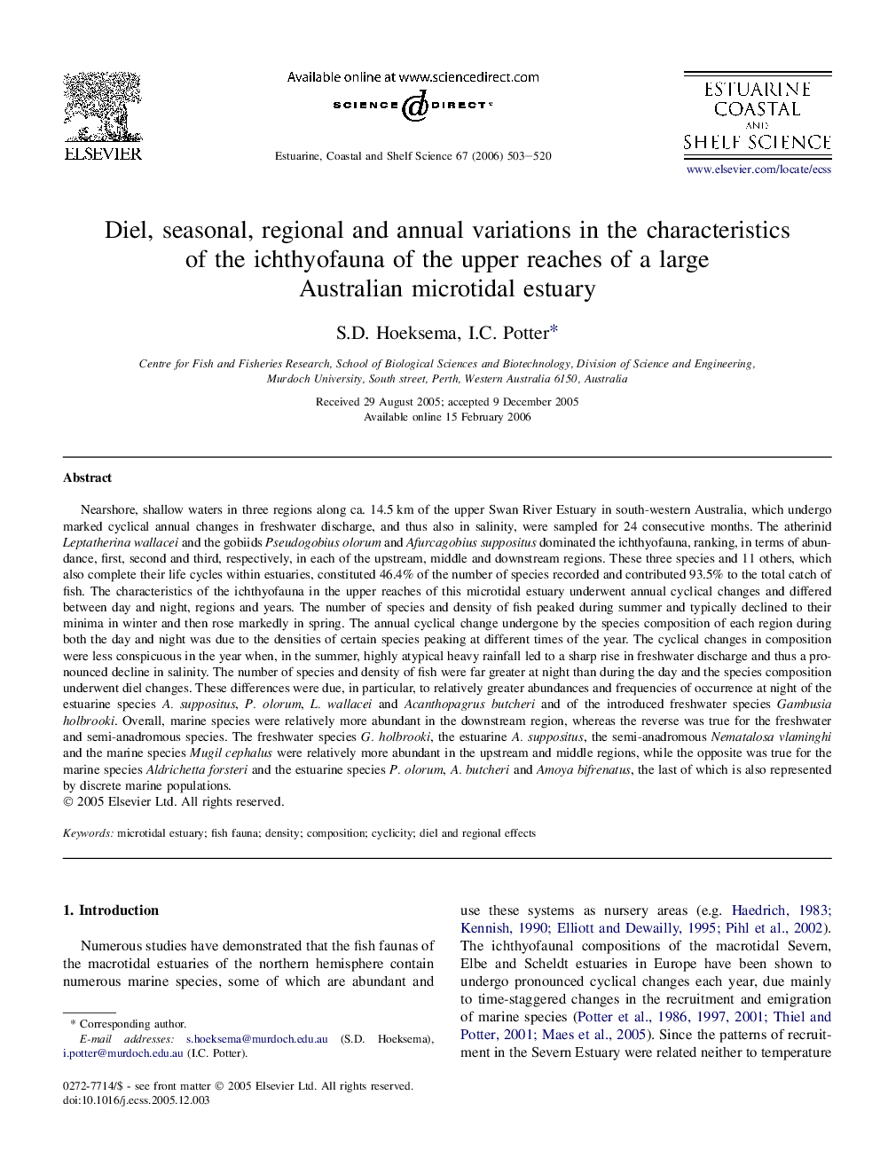 Diel, seasonal, regional and annual variations in the characteristics of the ichthyofauna of the upper reaches of a large Australian microtidal estuary