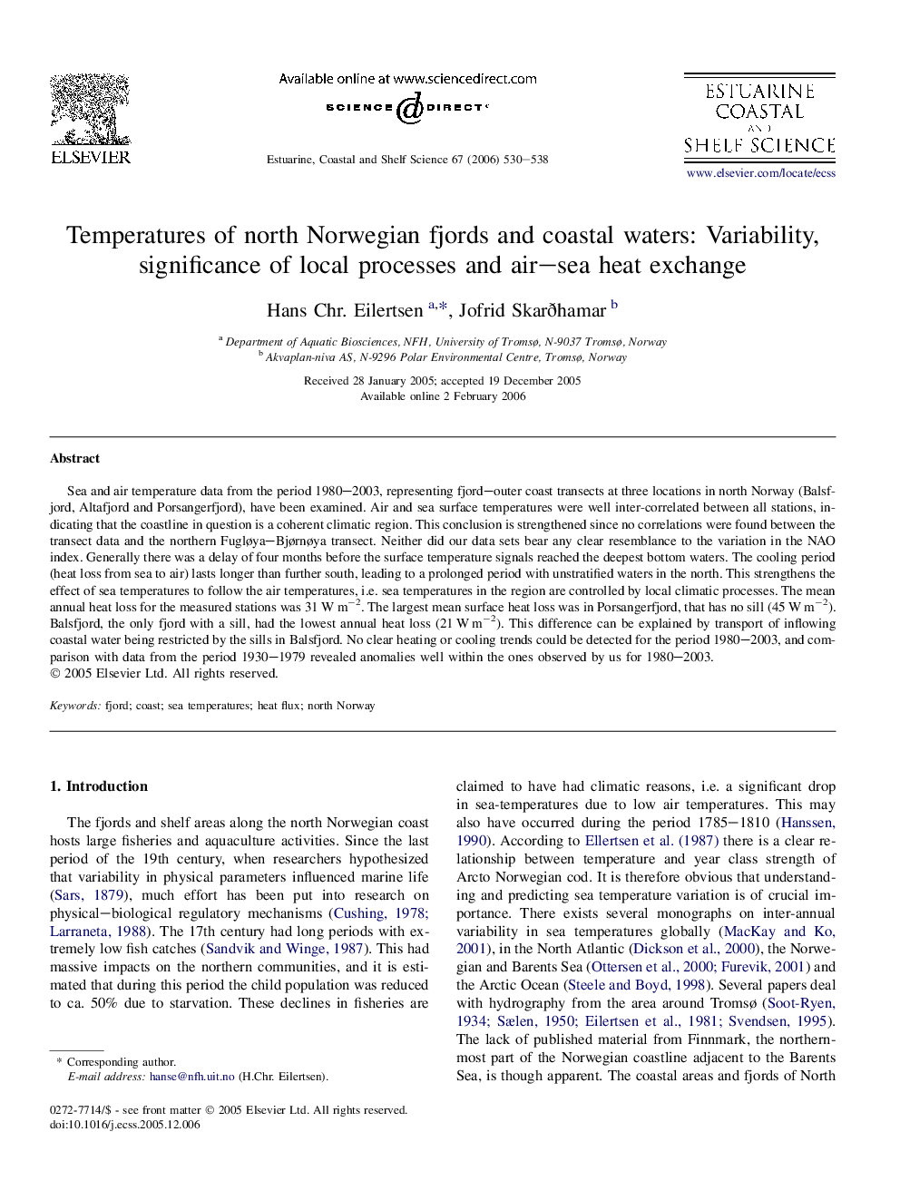 Temperatures of north Norwegian fjords and coastal waters: Variability, significance of local processes and air–sea heat exchange