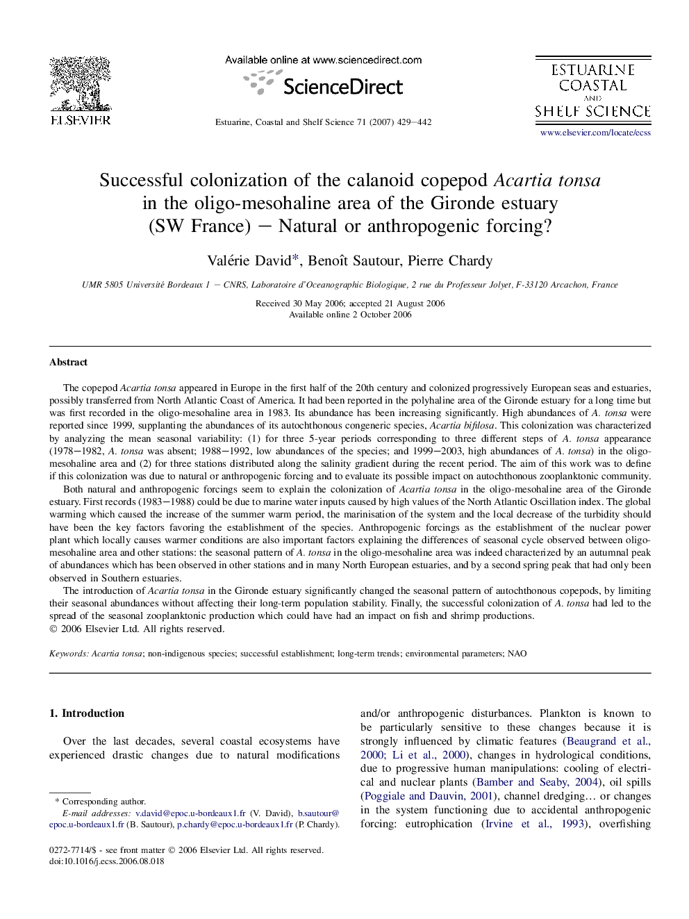 Successful colonization of the calanoid copepod Acartia tonsa in the oligo-mesohaline area of the Gironde estuary (SW France) – Natural or anthropogenic forcing?