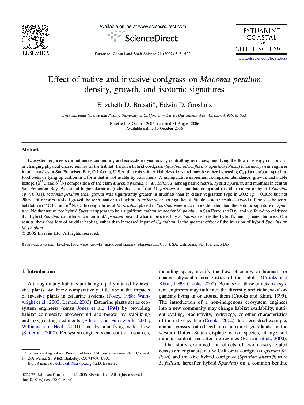 عکس صفحه اول مقاله: Effect of native and invasive cordgrass on Macoma petalum density, growth, and isotopic signatures Effect of native and invasive cordgrass on Macoma petalum density, growth, and isotopic signatures