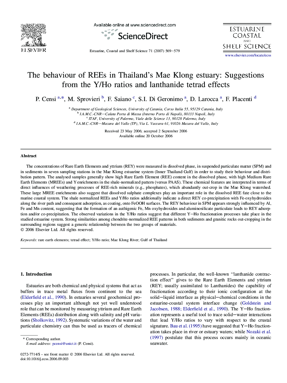 The behaviour of REEs in Thailand's Mae Klong estuary: Suggestions from the Y/Ho ratios and lanthanide tetrad effects